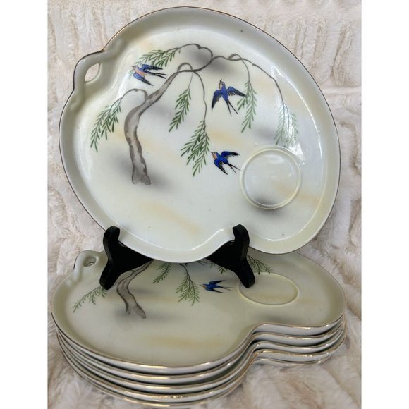 Very Rare Vintage 1945-1952 Handpainted In Occupied Japan (6) Snack Plates Birds